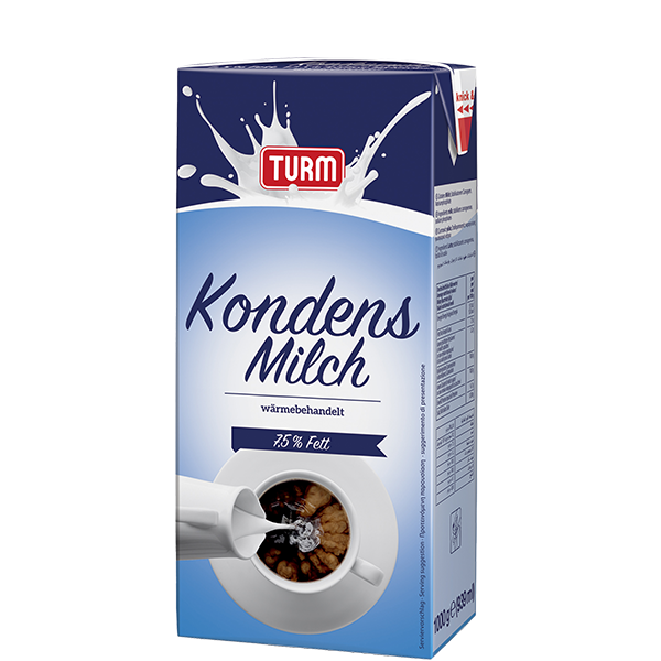 TURM Kondensmilch 7,5 Prozent Fett in grosser, mittelblauer Weichpackung