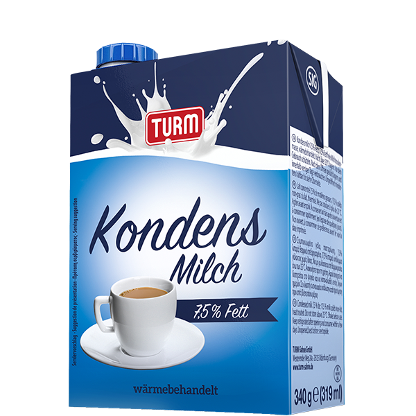 TURM Kondensmilch 7,5 Prozent Fett in mittelblauer Weichpackung