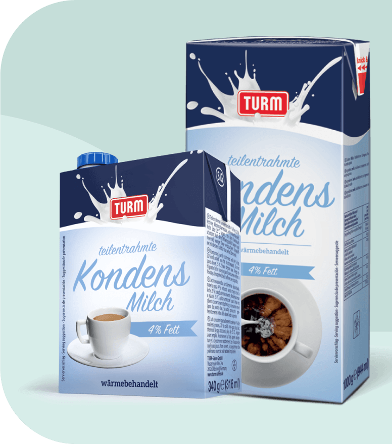 TURM Kondensmilch in kleiner und großer Weichpackung, nebeneinander