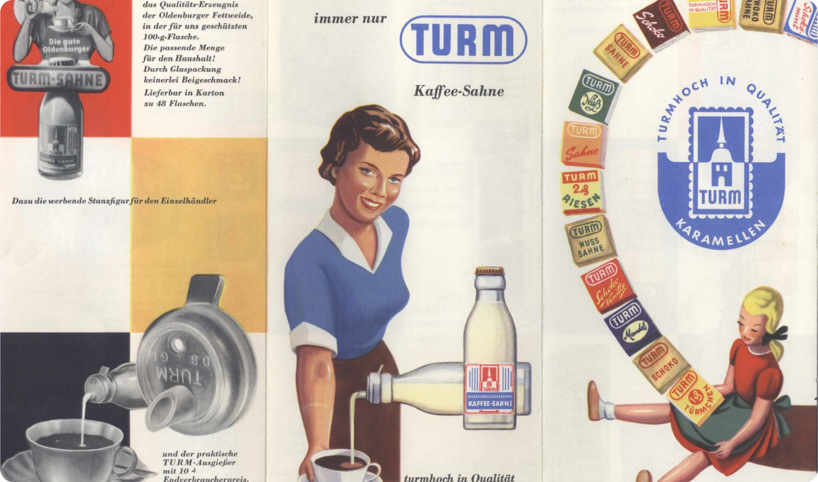 Nostalgische Print-Werbereklame TURM Kaffeesahne, TURM Karamellen