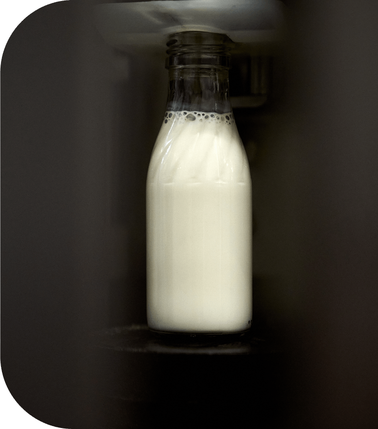 Produktentwicklung Glasflasche Füller Glasflasche gefuellt mit Milchgetraenk vor dunklem Hintergrund